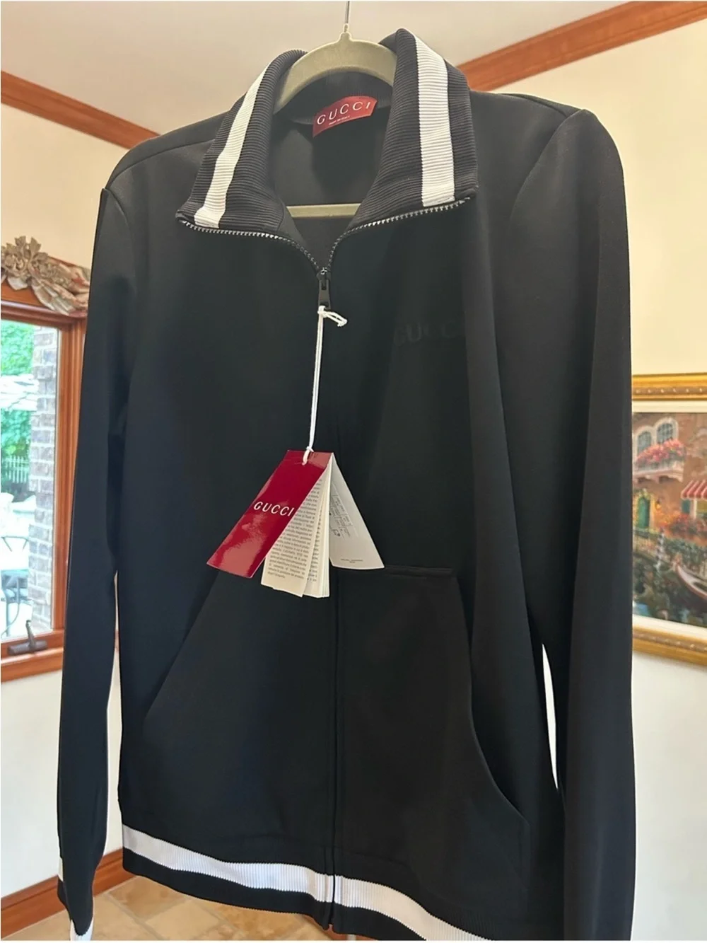 Men’s Gucci jersey technical, zip up jacket, web, trim, size medium, made Italy